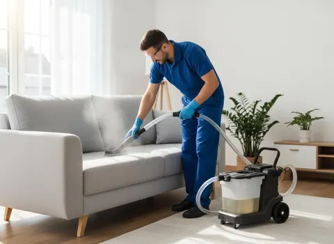 Profissional da Vision Tech Clean higienizando um sofá com extratora